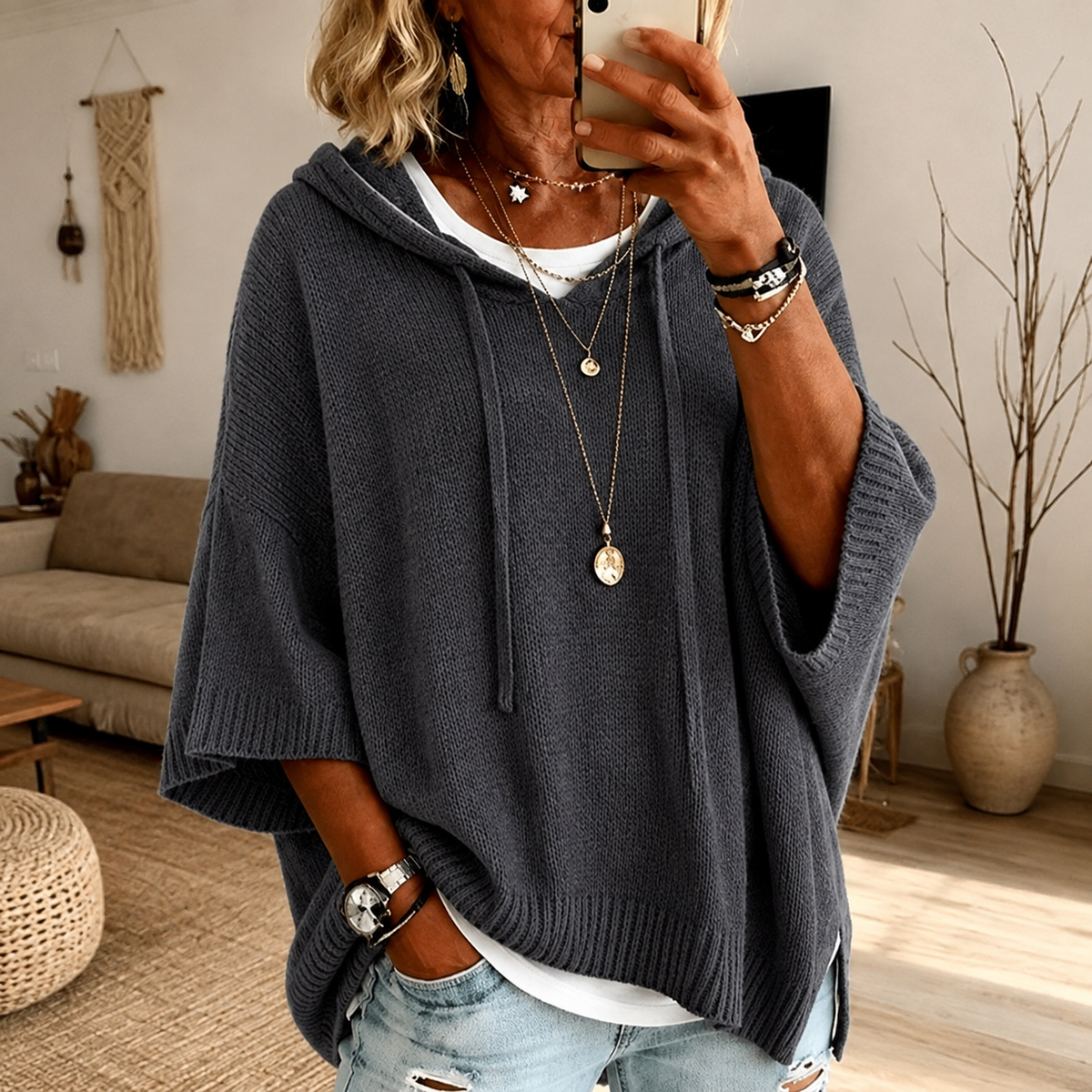 Camille – Kolgrå Poncho Tröja
