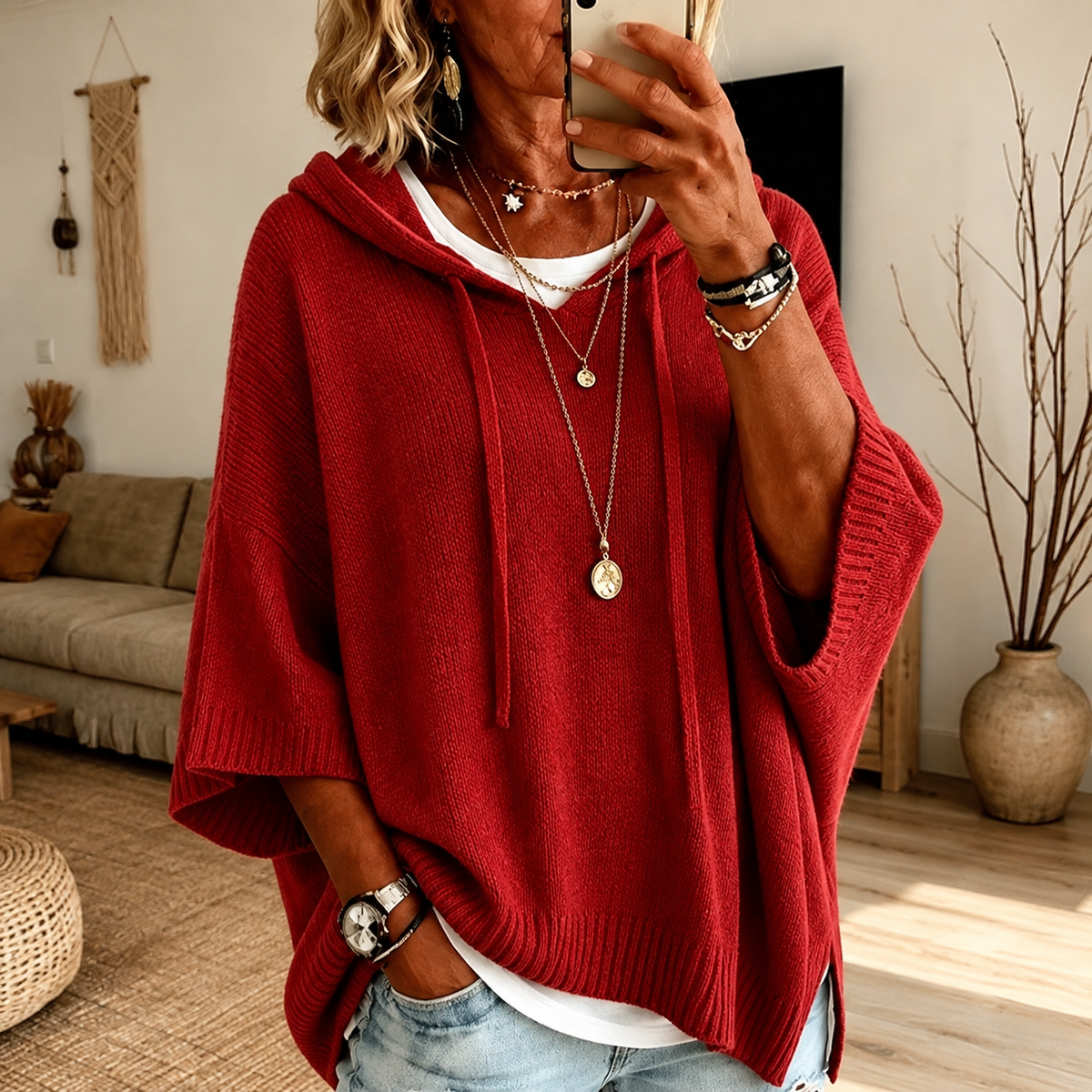 Claire – Röd Poncho Tröja