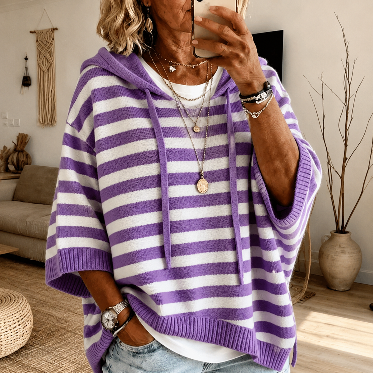 Anais – Lila Randig Poncho Tröja
