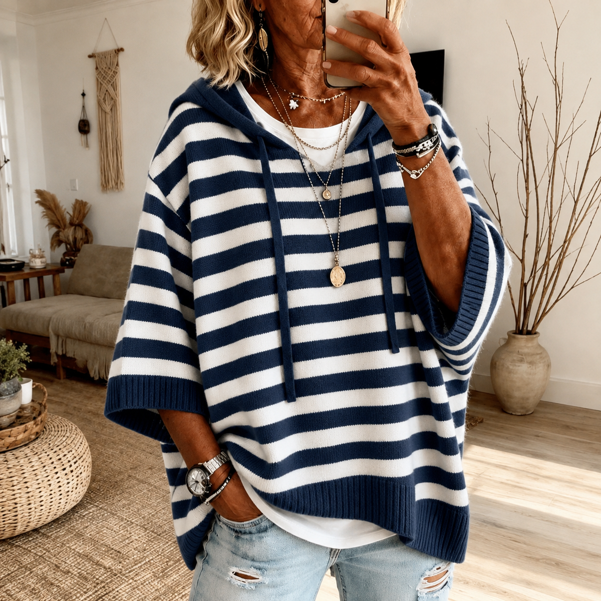 Marin – Navy Blå Randig Poncho Tröja