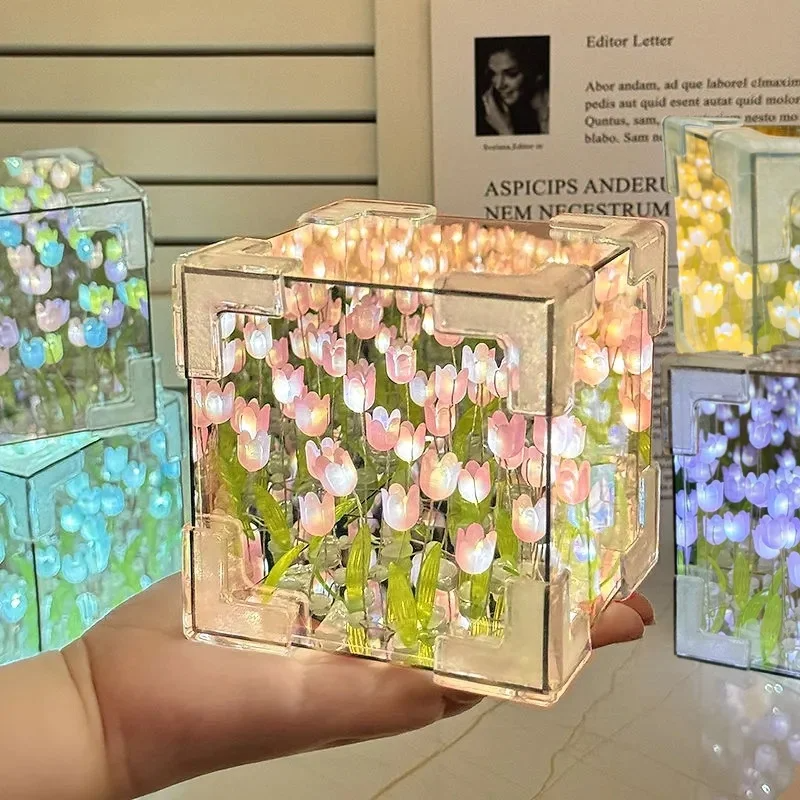 MirrorBloom - Lampka DIY w kształcie sześcianu lusterka z tulipanowym wzorem
