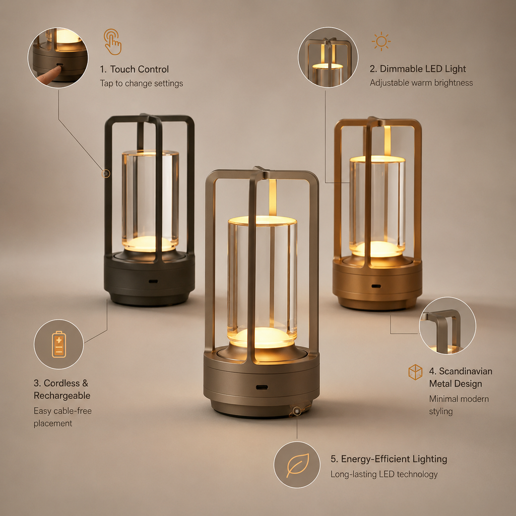Lampa Stołowa LED w Stylu Skandynawskim, Ściemniana, Bezprzewodowa, Ładowalna