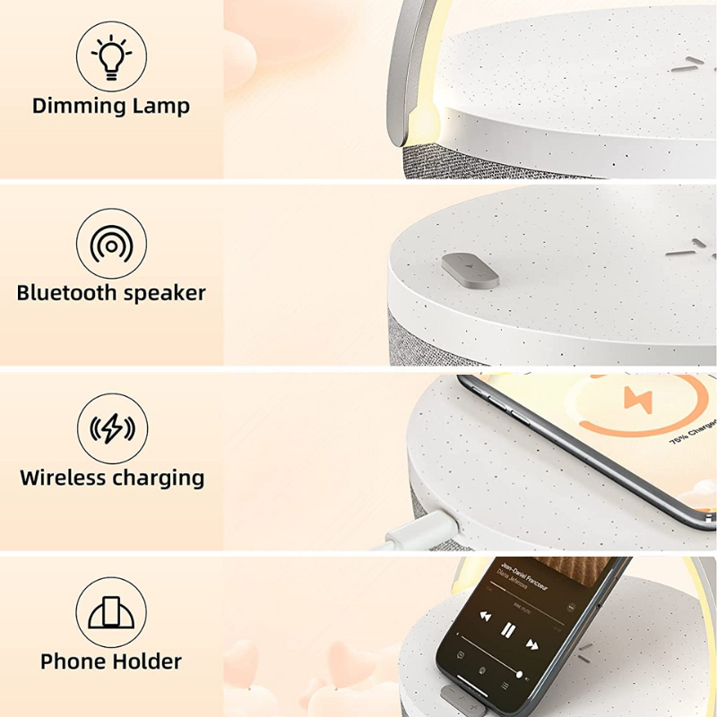 Lampka nocna LED - Lampa z muzyką i bezprzewodowym ładowaniem, 4-w-1 Lampa dotykowa i głośnik Bluetooth