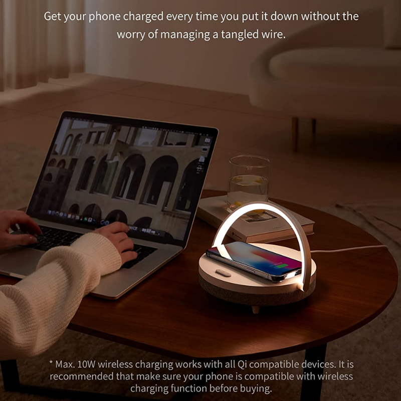Lampka nocna LED - Lampa z muzyką i bezprzewodowym ładowaniem, 4-w-1 Lampa dotykowa i głośnik Bluetooth