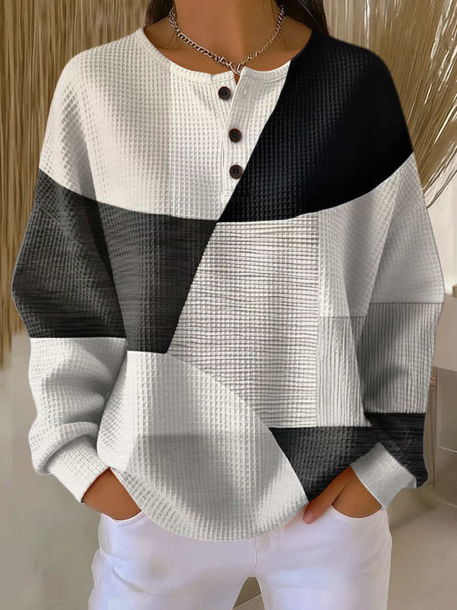 Frondine | Geometrisk Färgblock Henley Sweatshirt