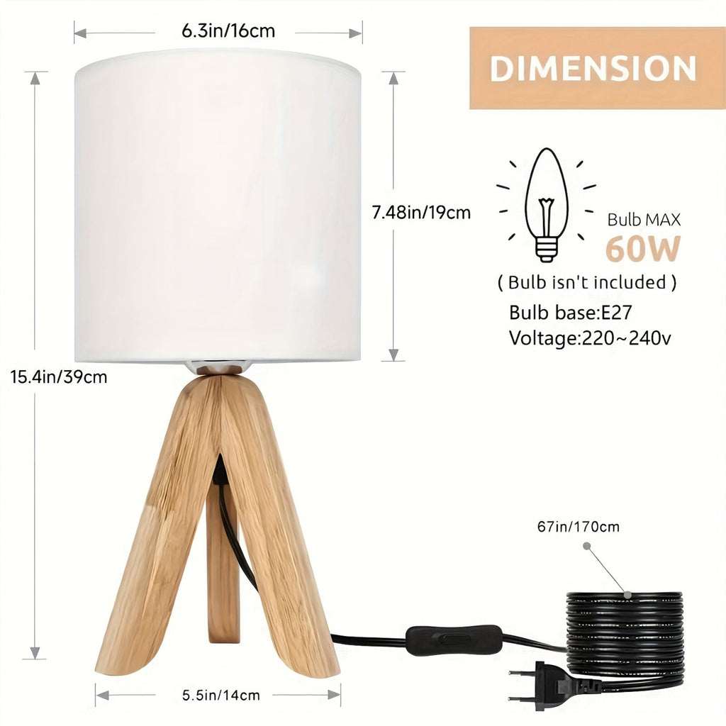 DriepootLicht - Drewniana Lampa Stołowa z Lniana Abajurem, 220V-240V, Europejski Wtyk
