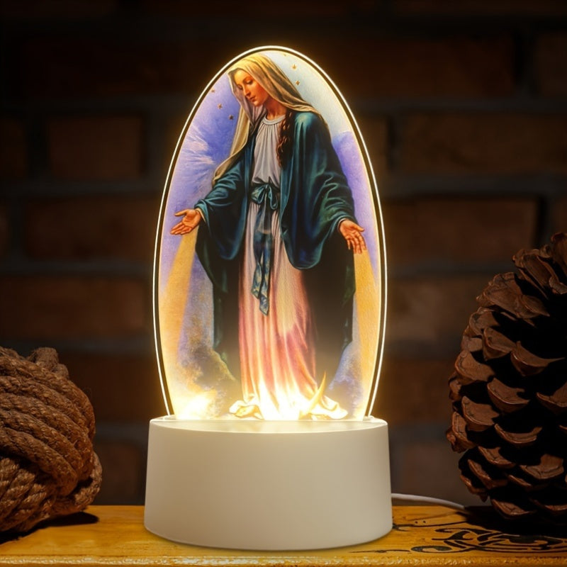 DivineGlow - LED Lampka Nocna Matki Boskiej z Owalną Ramką Akrylową, Zasilana USB