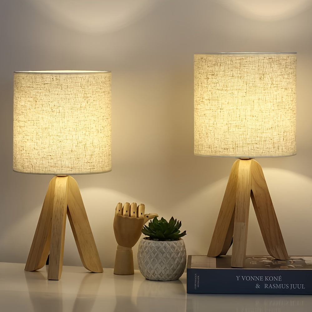 DriepootLicht - Drewniana Lampa Stołowa z Lniana Abajurem, 220V-240V, Europejski Wtyk