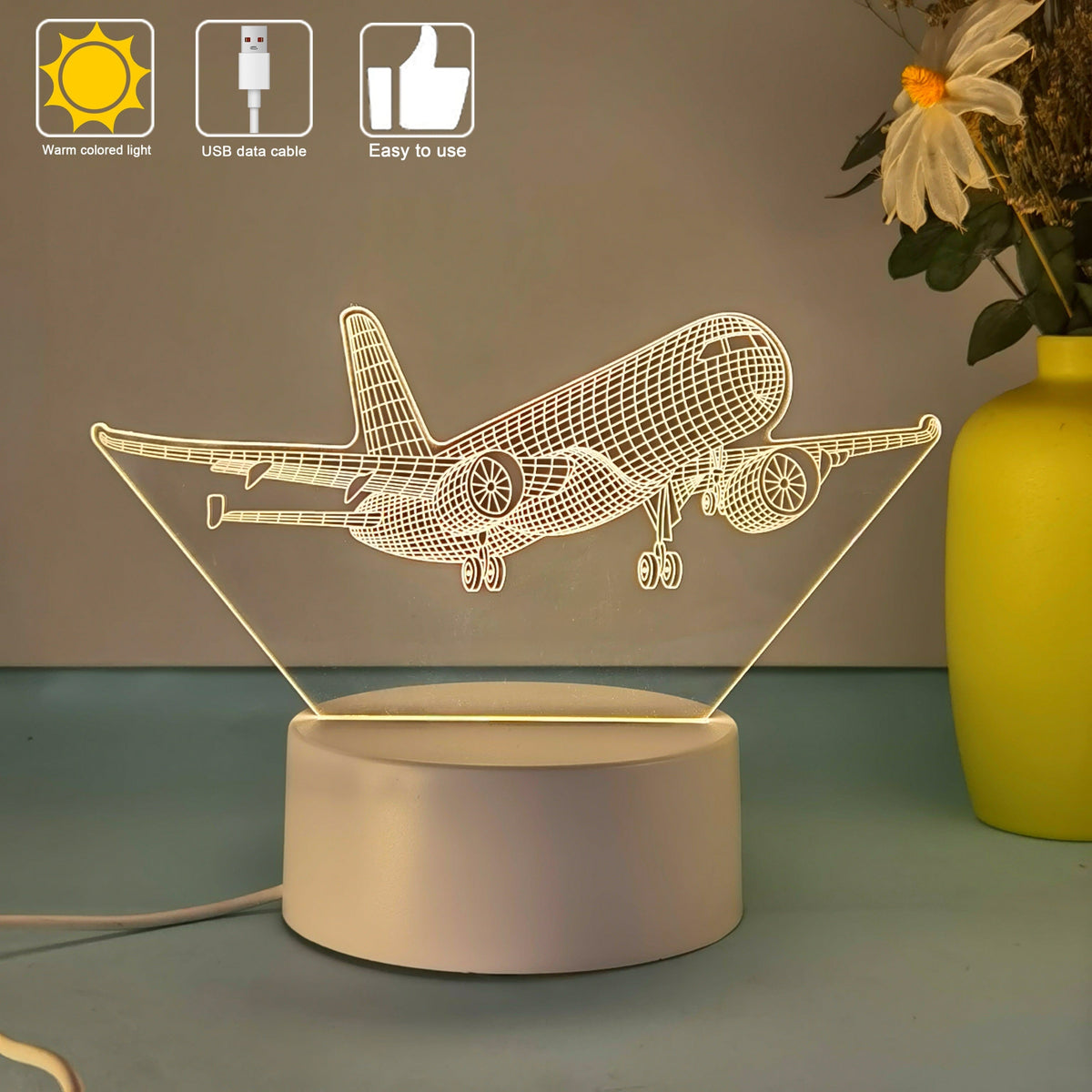 SkyGlow - 3D Samolot Akrylowa Lampka Nocna z USB, LED Lampka Stołowa