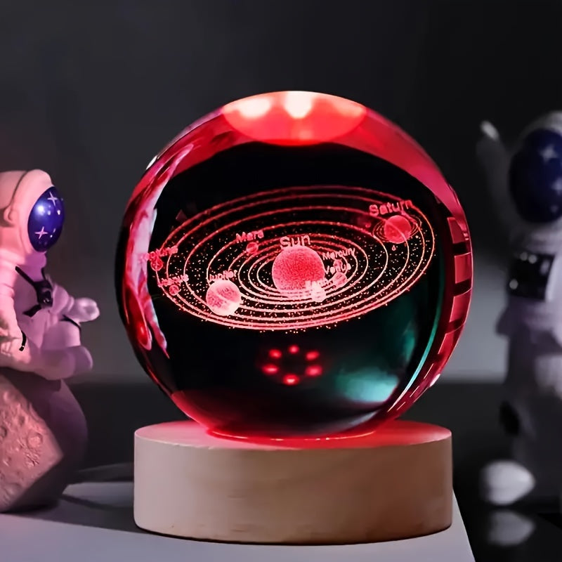 LumiSphere - 3D Kryształowa Kula LED Nocna Lampa z Drewnianą Podstawą