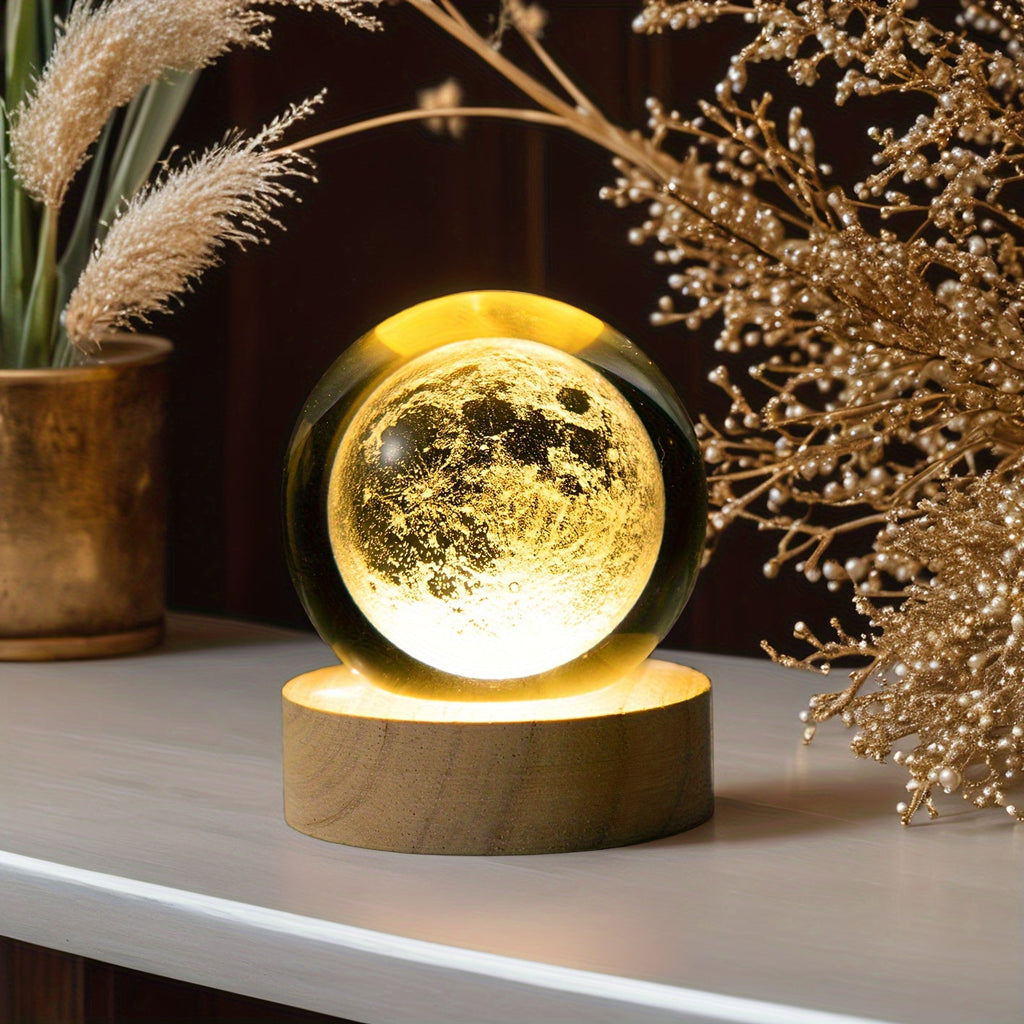 MoonCrystal - Lampa Kula Księżycowa z Drewnianą Podstawą