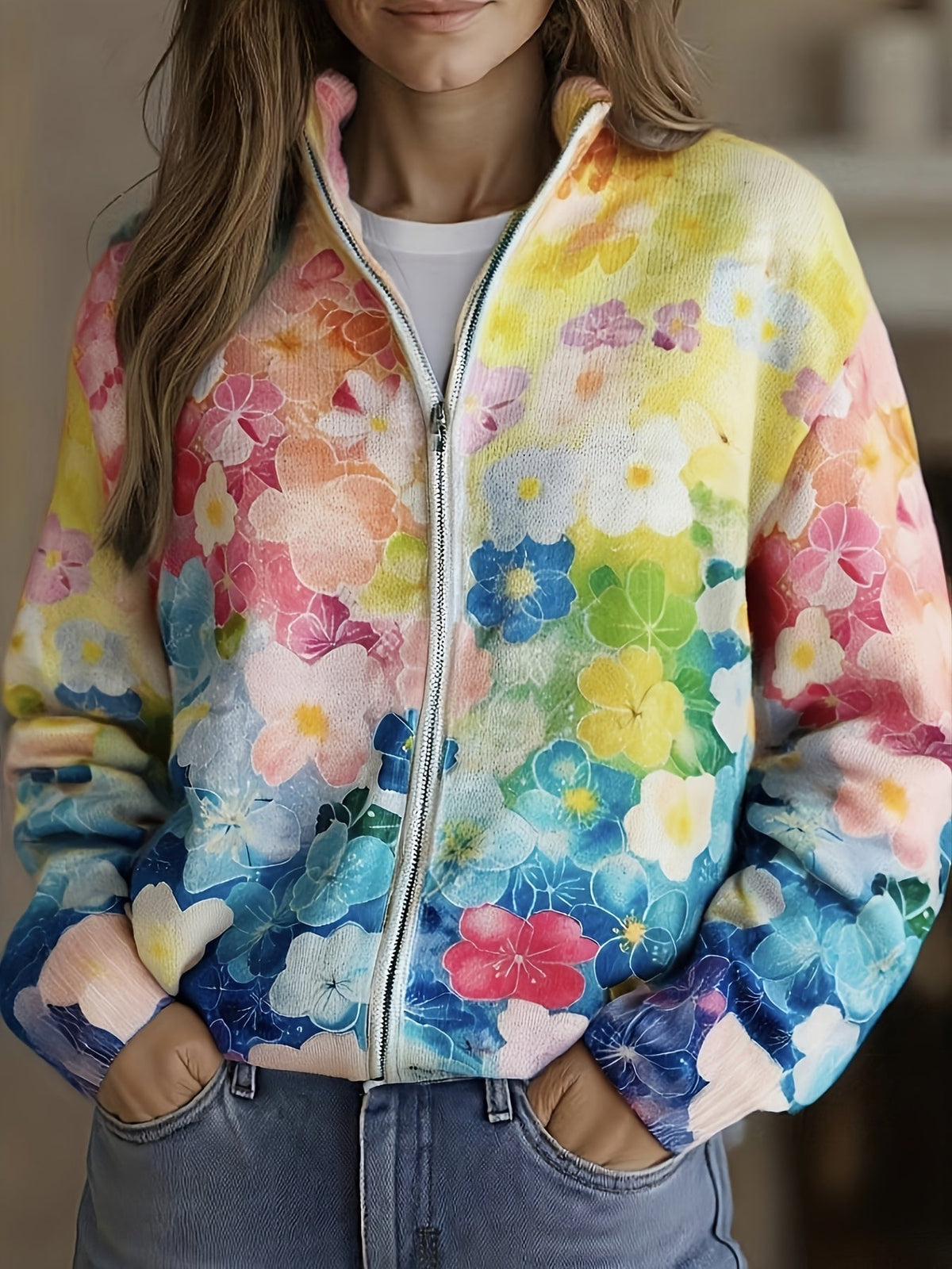 Augusta | Vattenfärgsblommig Ombre Zip Cardigan