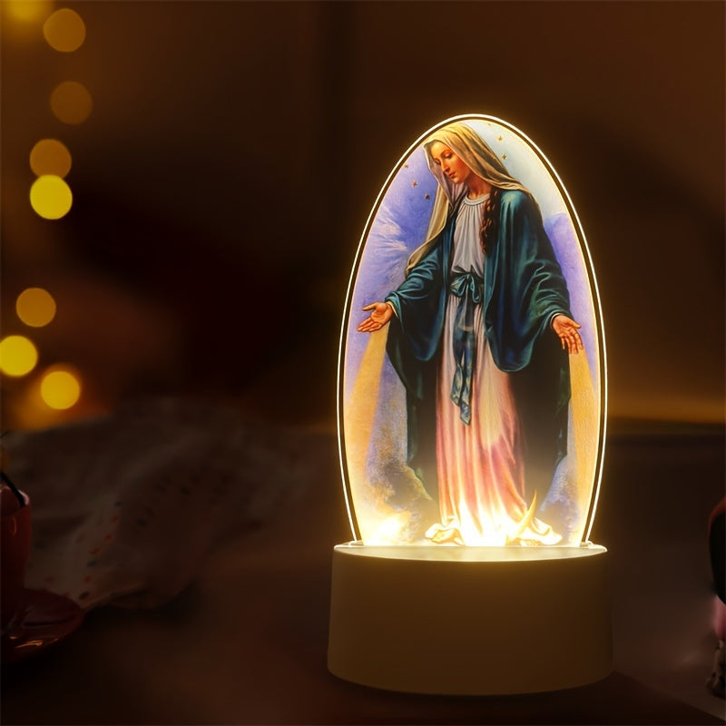 DivineGlow - LED Lampka Nocna Matki Boskiej z Owalną Ramką Akrylową, Zasilana USB