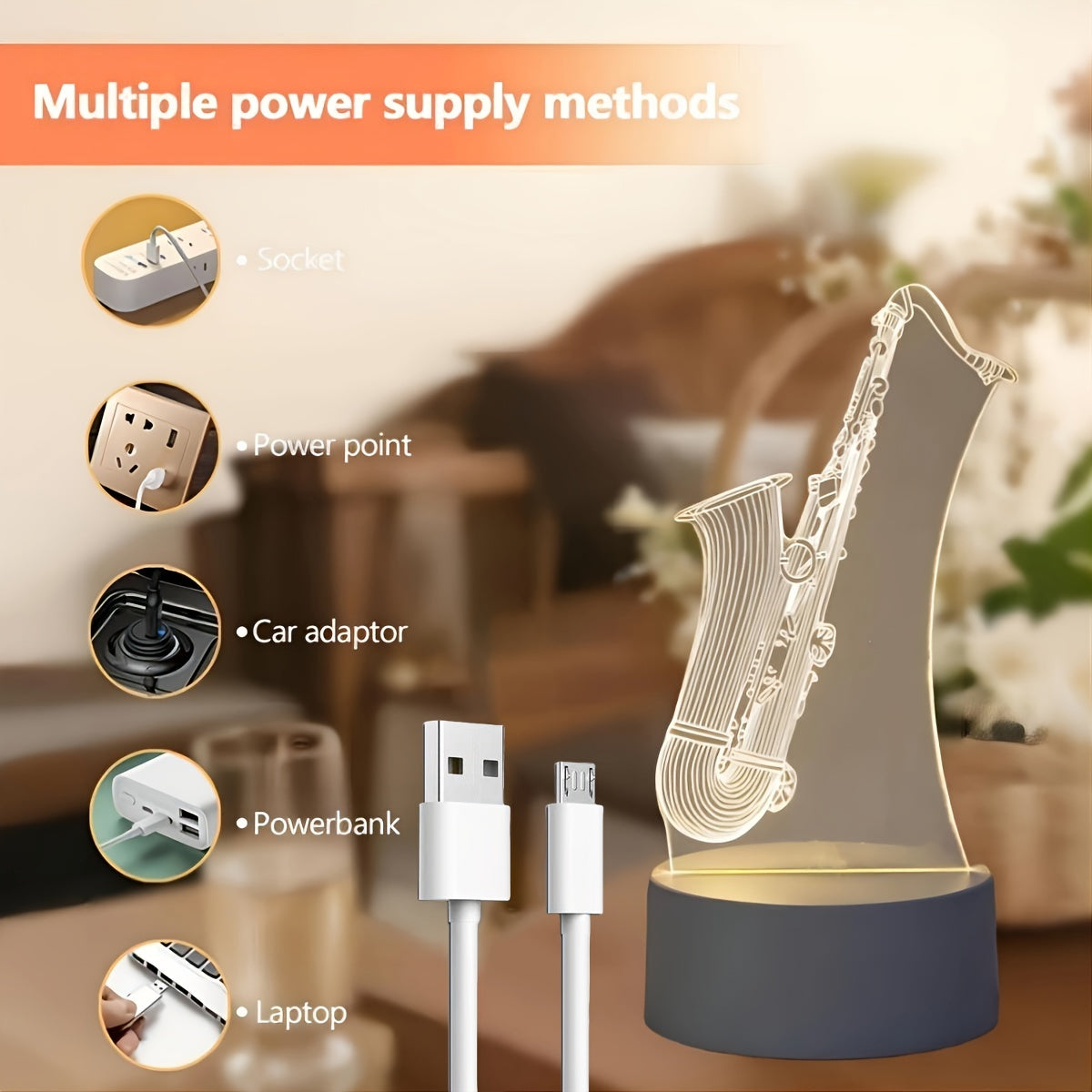 SaxGlow - 3D Lampa nocna LED w kształcie saksofonu, zasilana przez USB