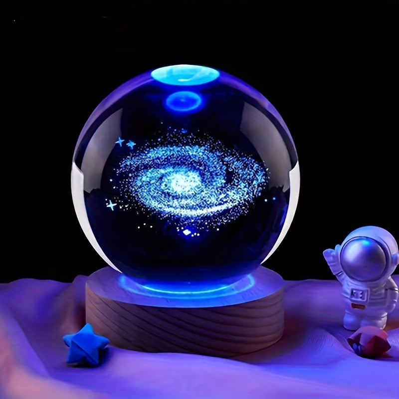 LumiSphere - 3D Kryształowa Kula LED Nocna Lampa z Drewnianą Podstawą