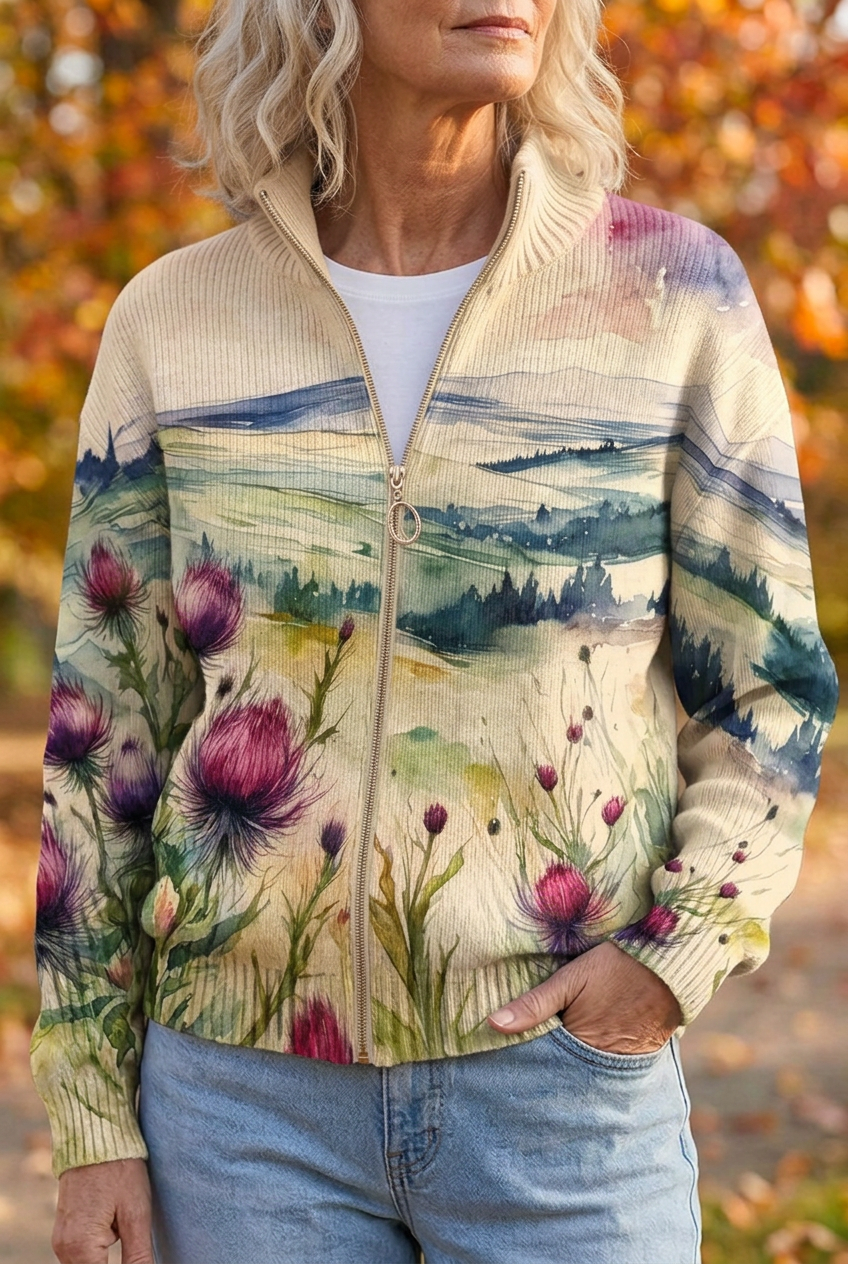 Zelda | Skotsk Tistel Landskap Zip Cardigan