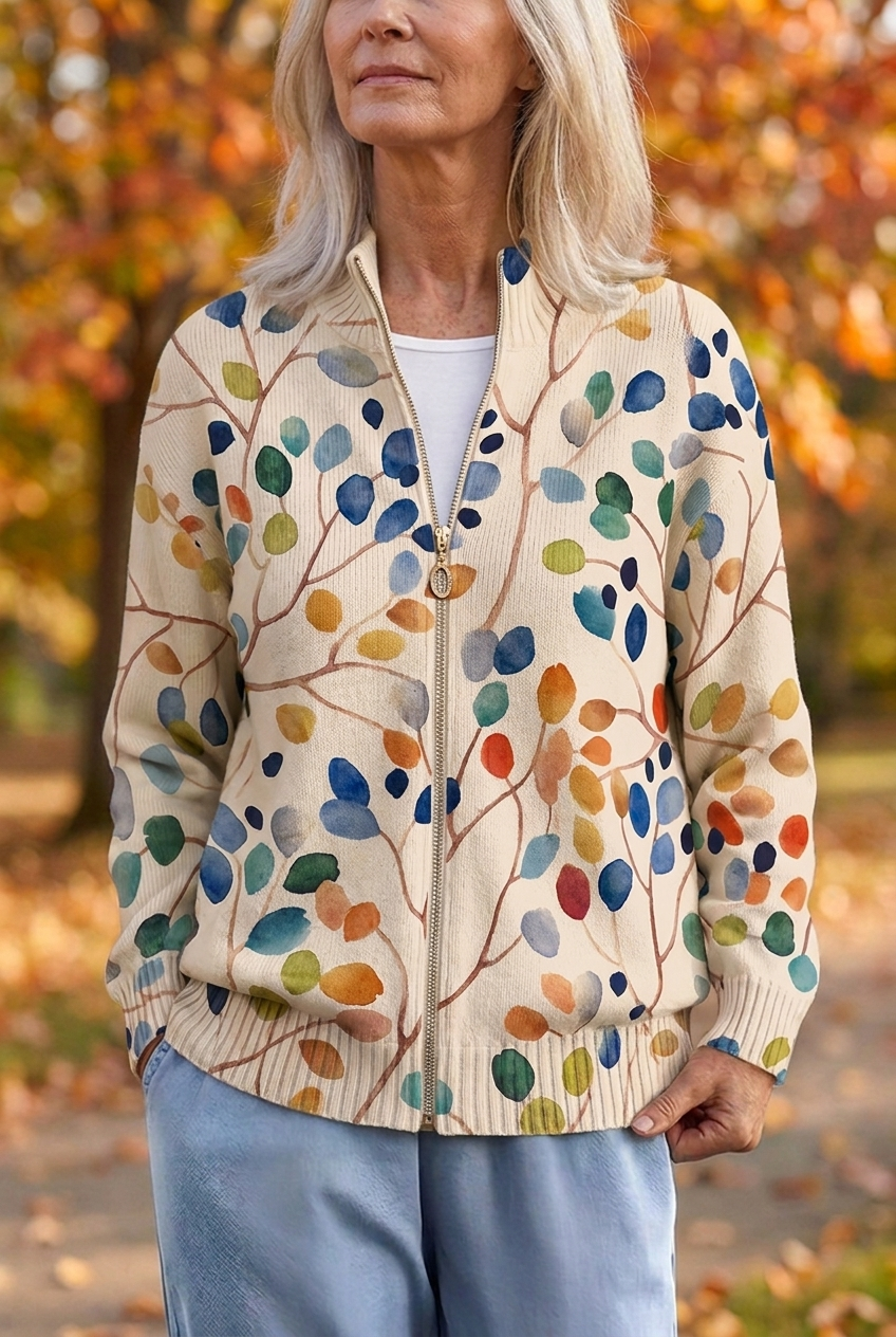 Imogene | Botanisk Bladtryck Zip Cardigan
