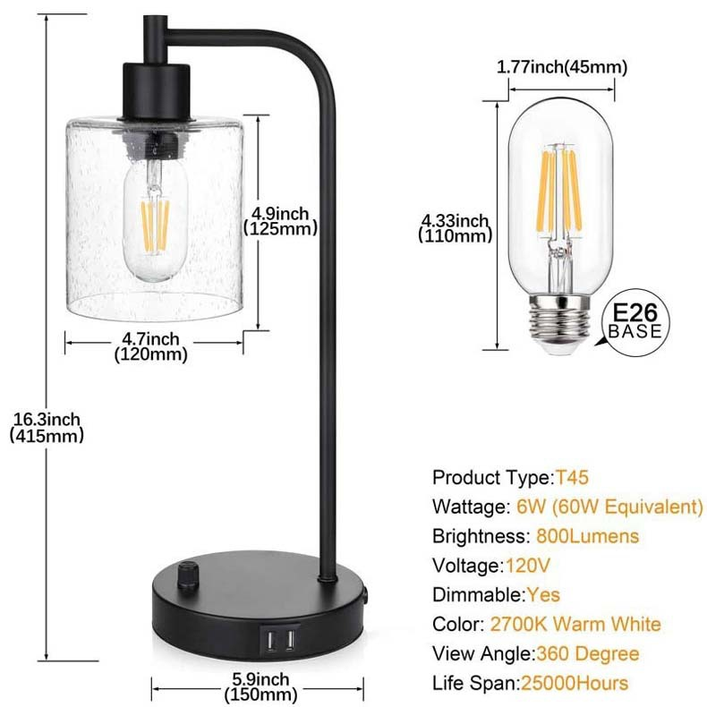 Industrialna Lampa Nocna - 3-stopniowa Lampa z USB i Szklanym Kloszem